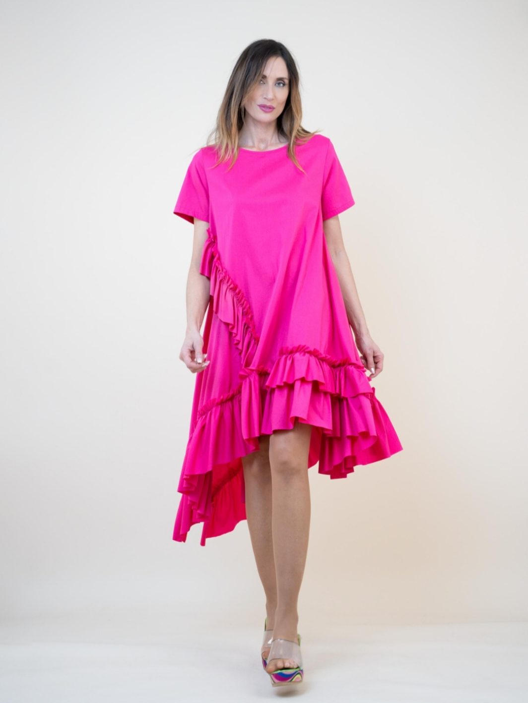 Vestido Fucsia Volantes Asimétrico