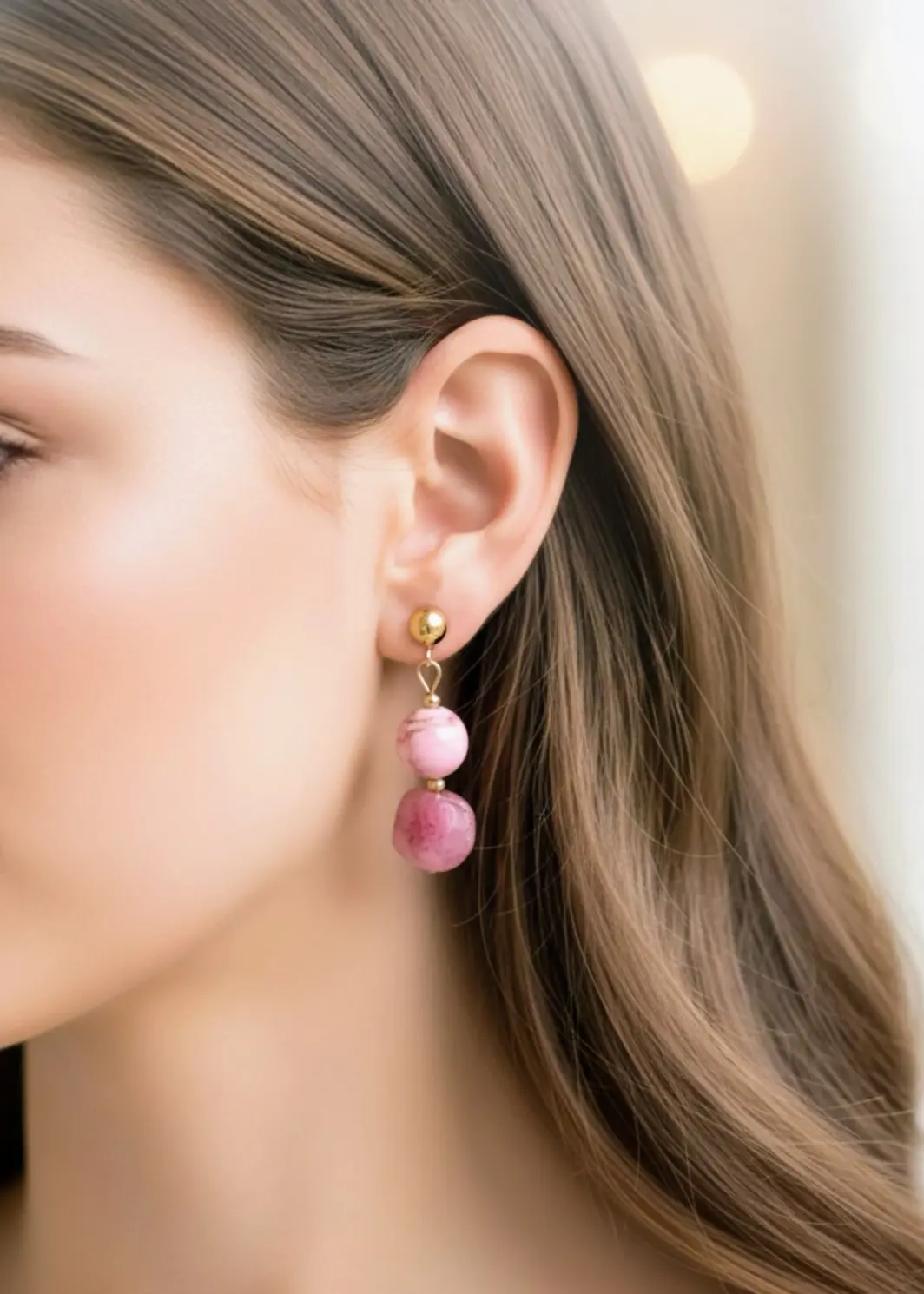 Pendientes de acero inoxidable con piedras naturales rosa
