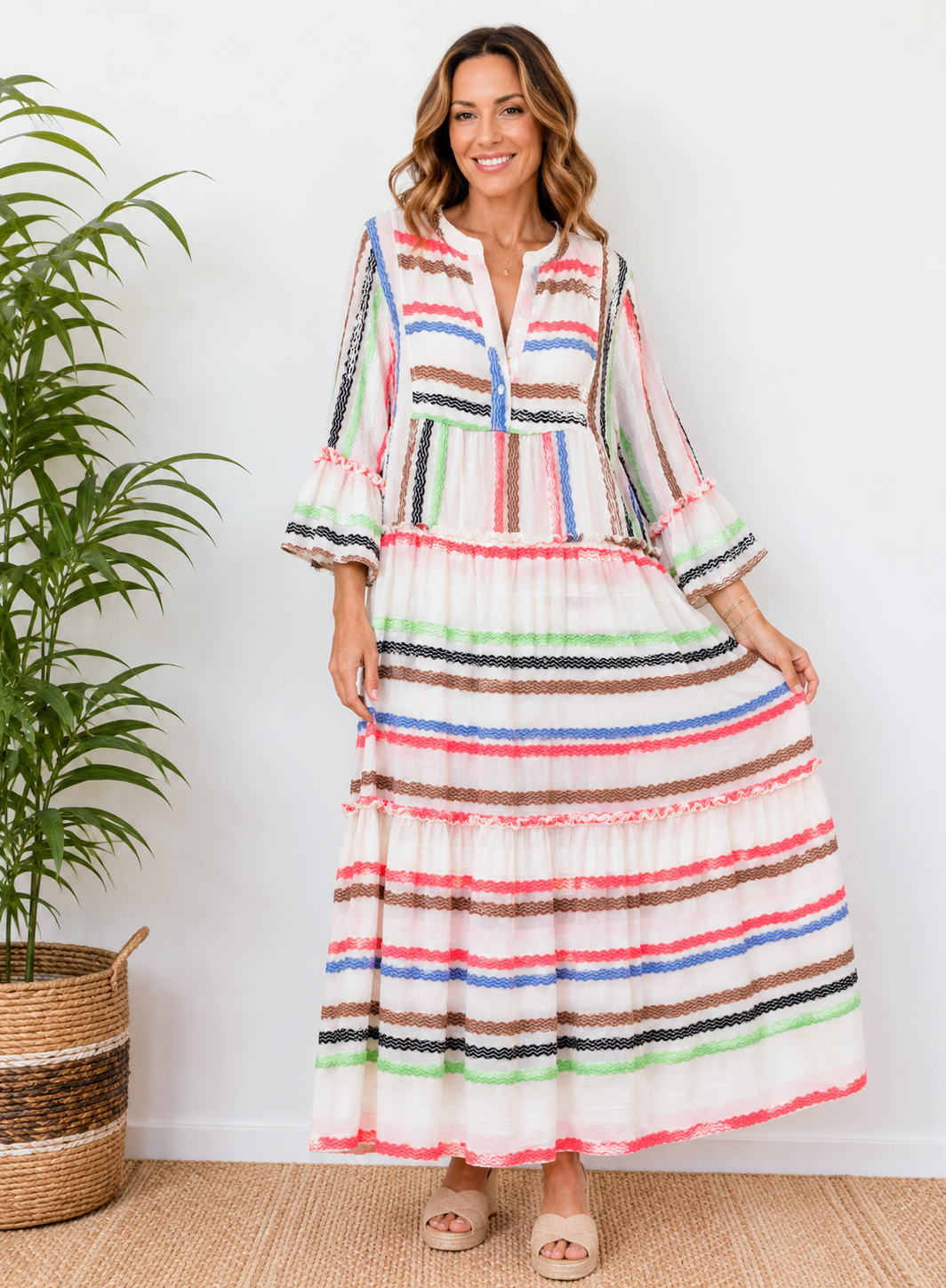 Vestido Largo Estampado Étnico Rayas Multicolor