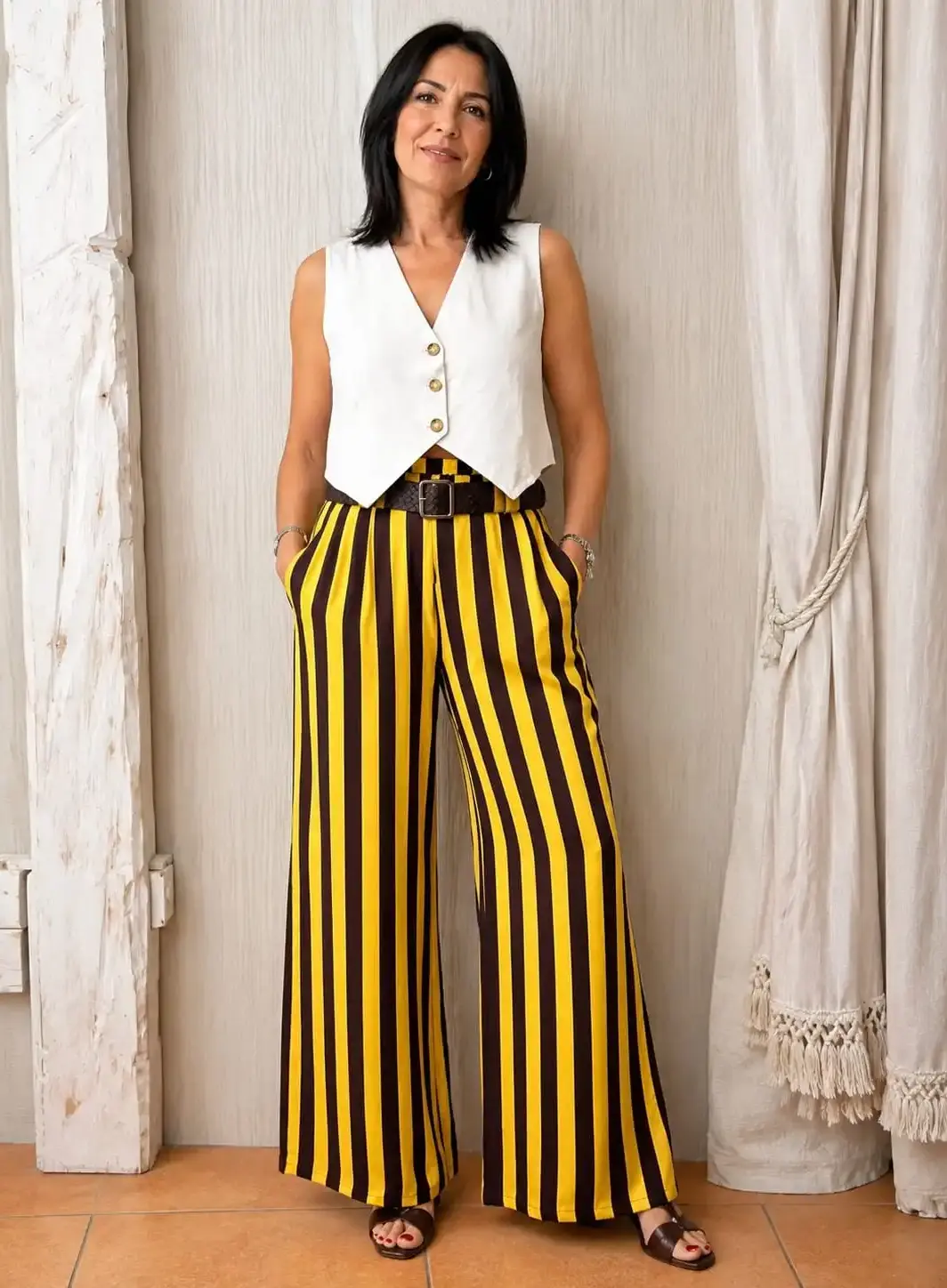 Pantalón de Rayas de Pierna Ancha con Cinturón