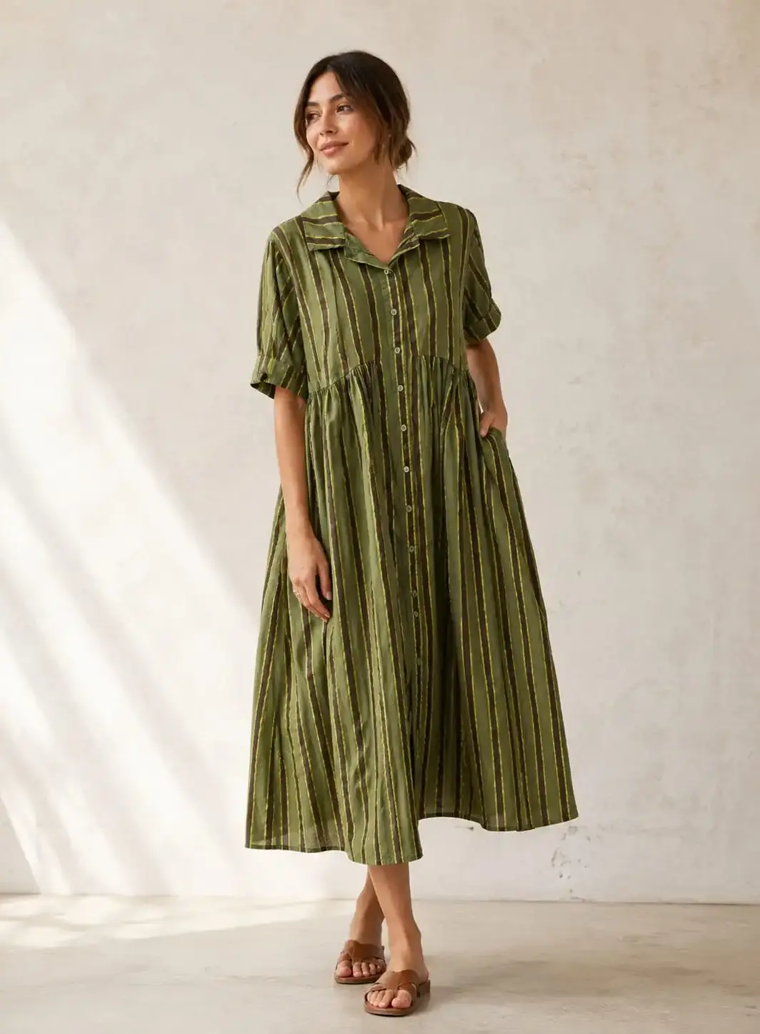 Vestido Camisero Largo de Rayas con Bolsillos