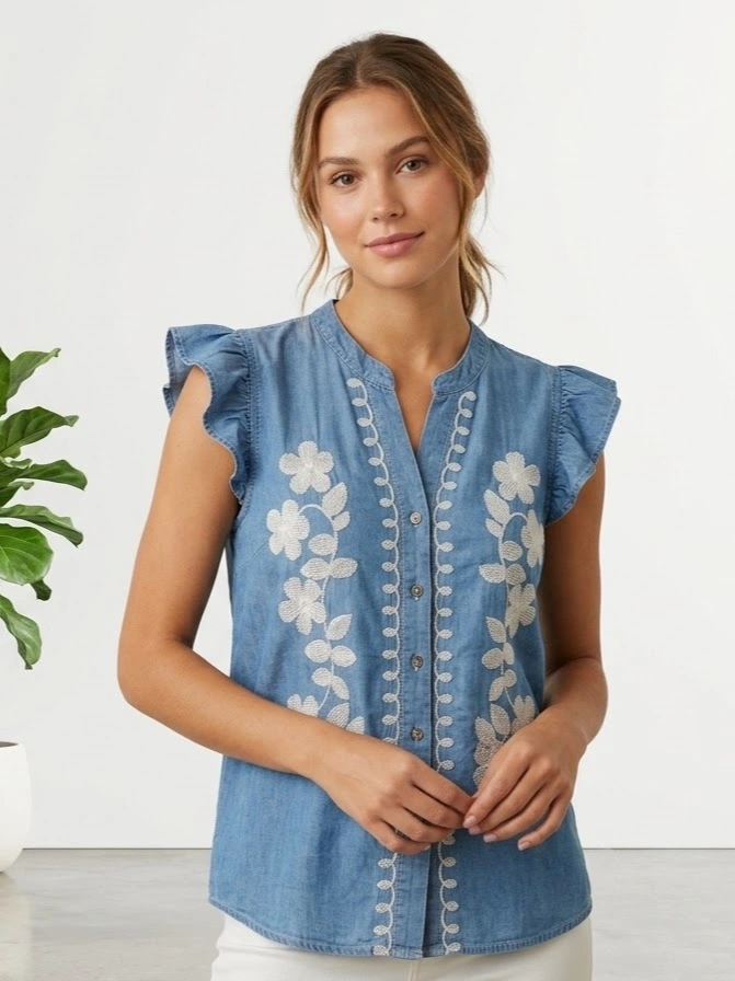 Blusa Denim Bordada Mujer