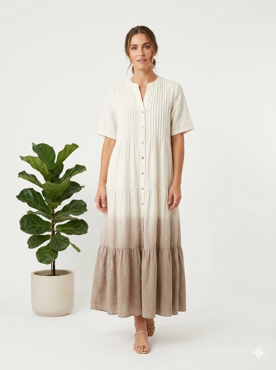 Vestido Largo Degradado 100% Algodón con Jaretas y Volantes