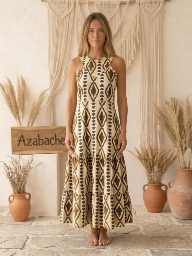 Vestido largo estampado étnico con espalda elástica