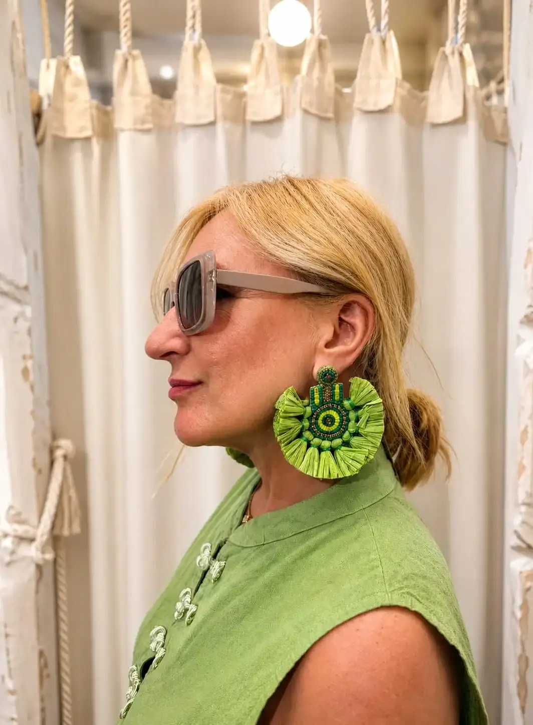 Pendientes Verdes de Rafia con Abalorios Tantrend