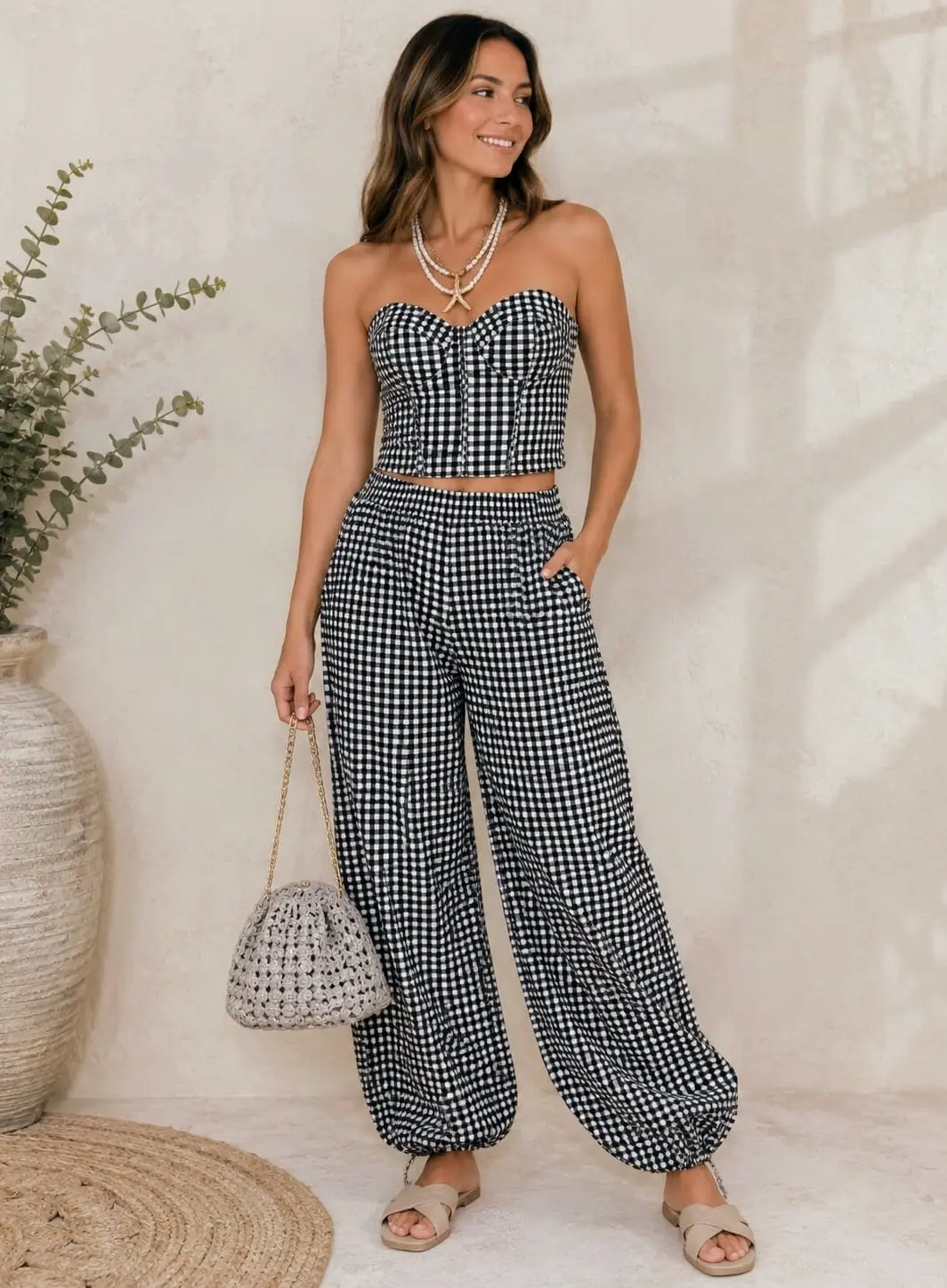 Conjunto de top y pantalón bombacho de cuadros vichy