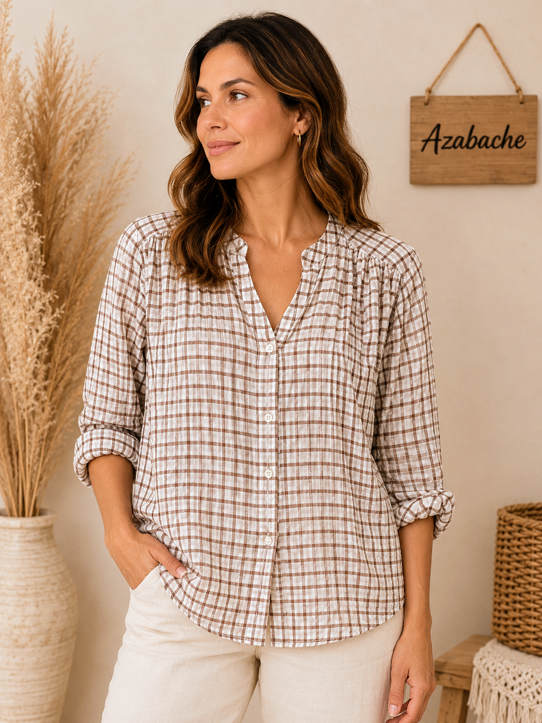 Camisa de Cuadros Vichy Beige y Marrón