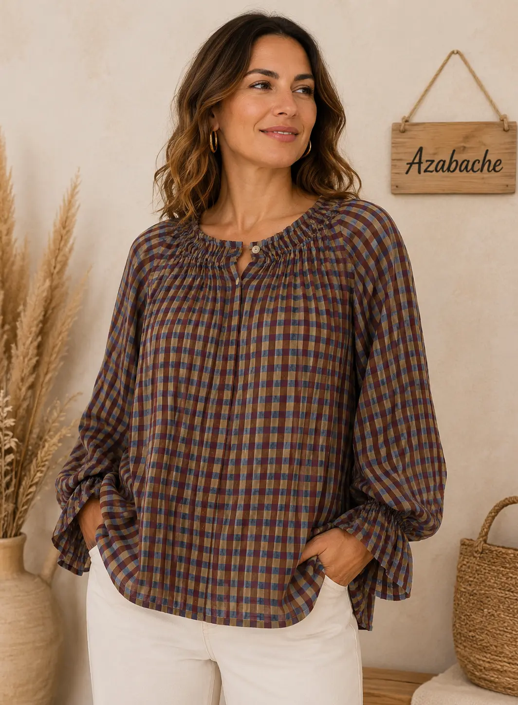 Camisa Oversize de Cuadros Asimétrica con Escote Fruncido