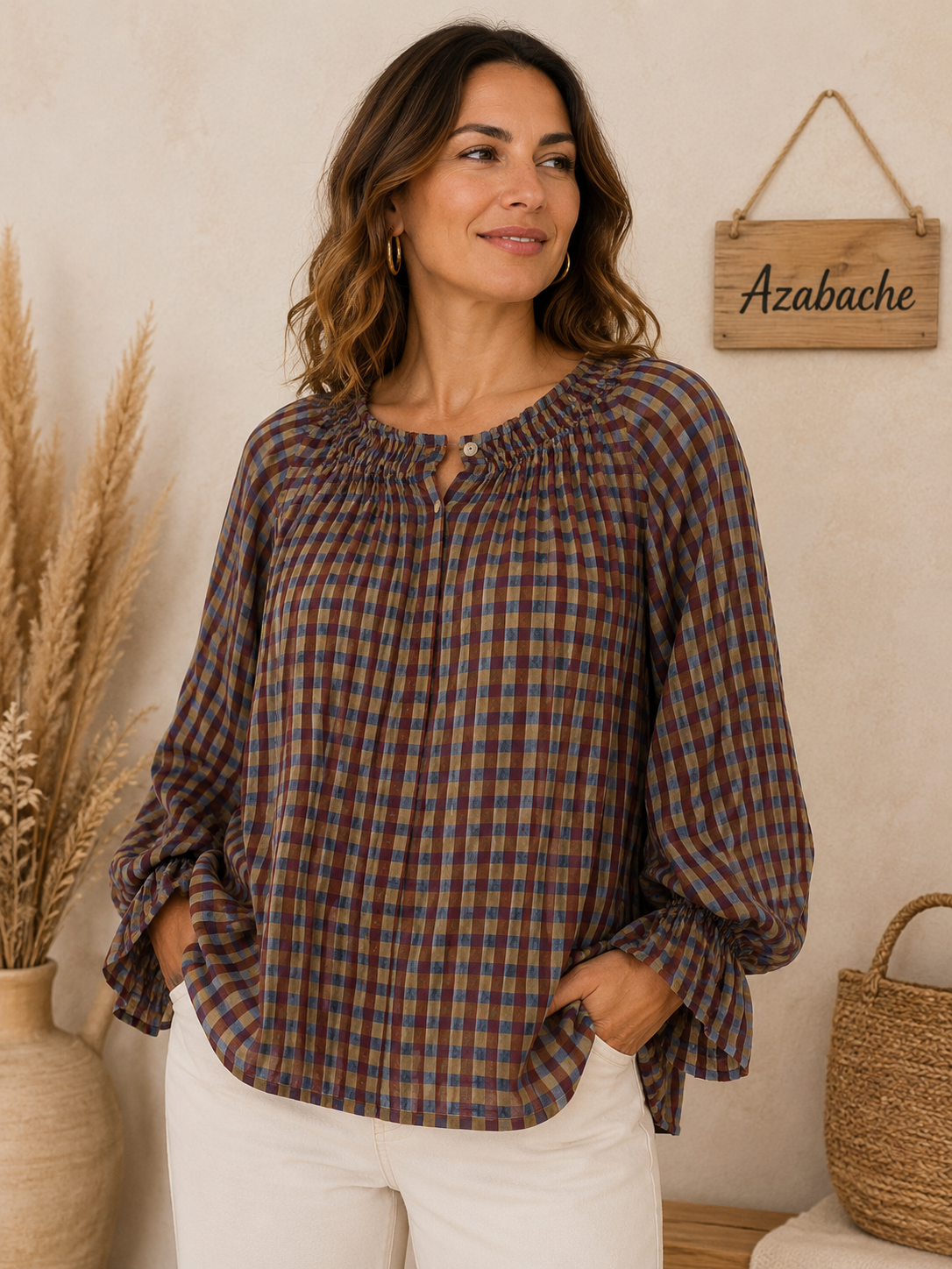 Camisa Oversize de Cuadros Asimétrica con Escote Fruncido