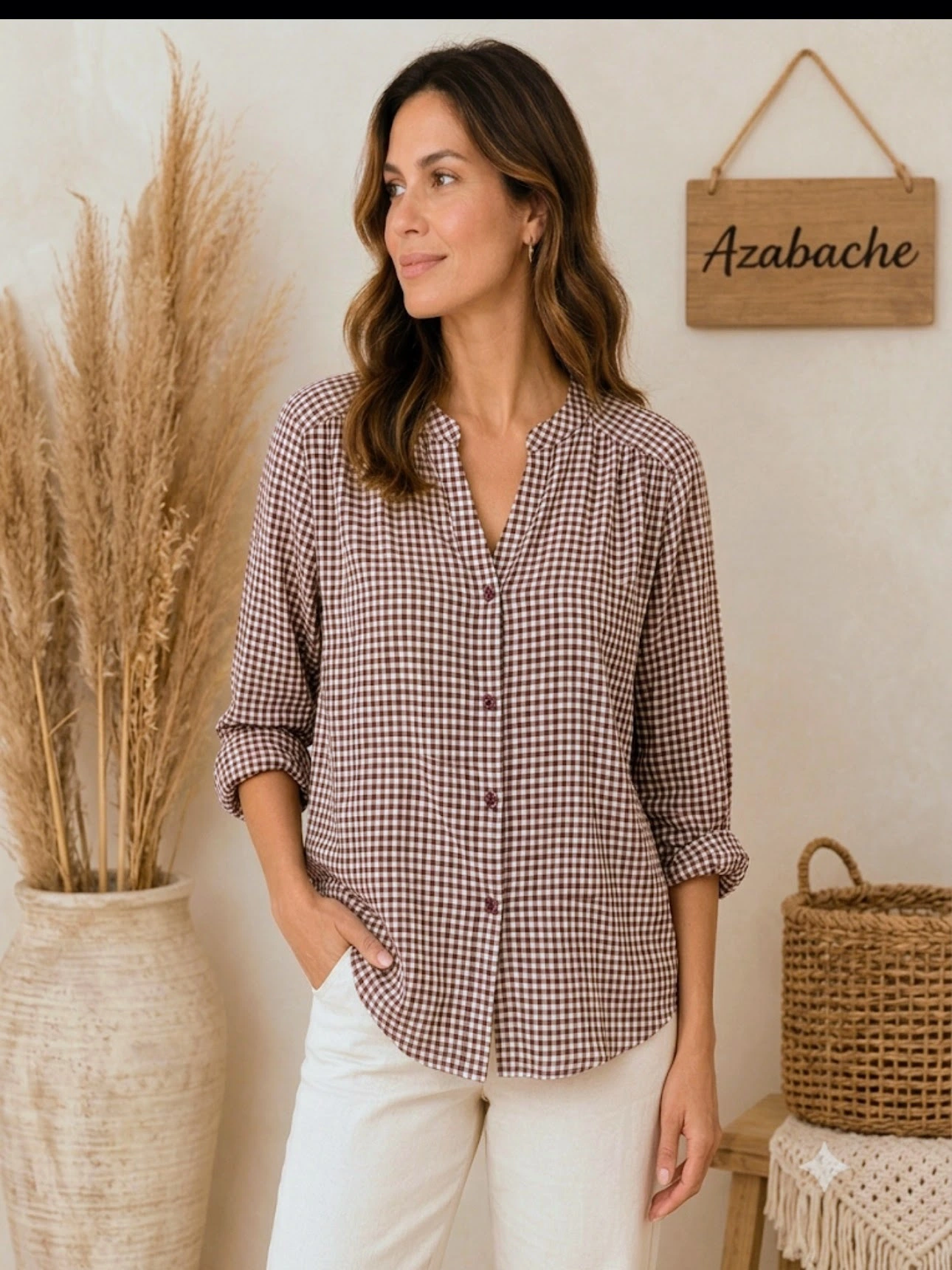 Camisa de Cuadros Vichy Beige granate