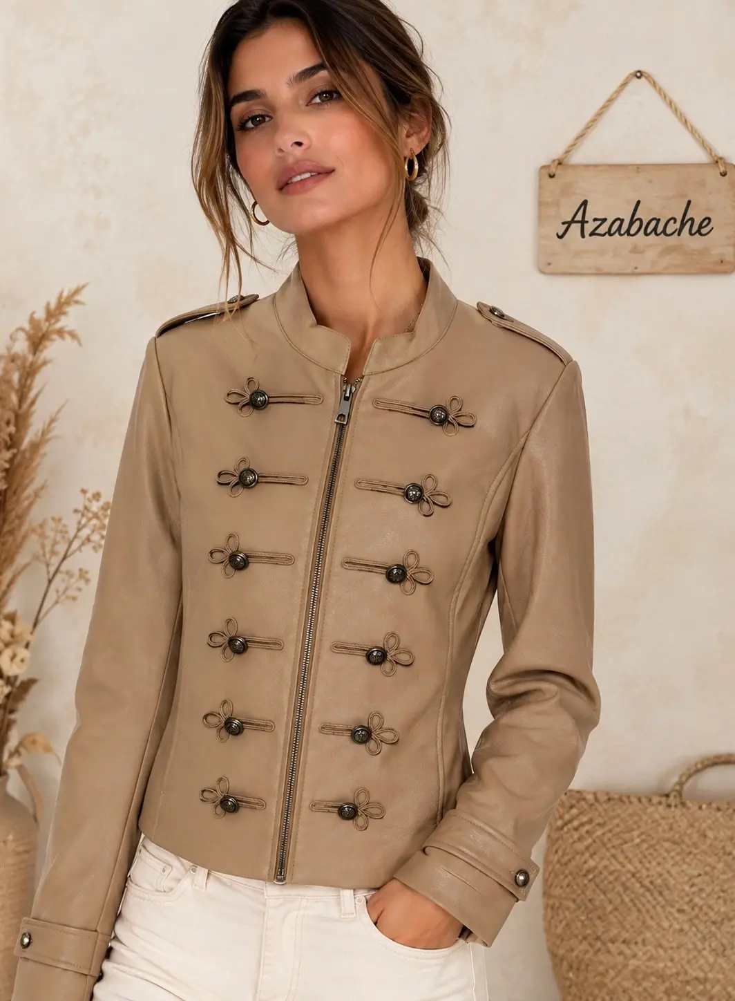 Chaqueta Beige de polipiel estilo militar con detalles decorativos