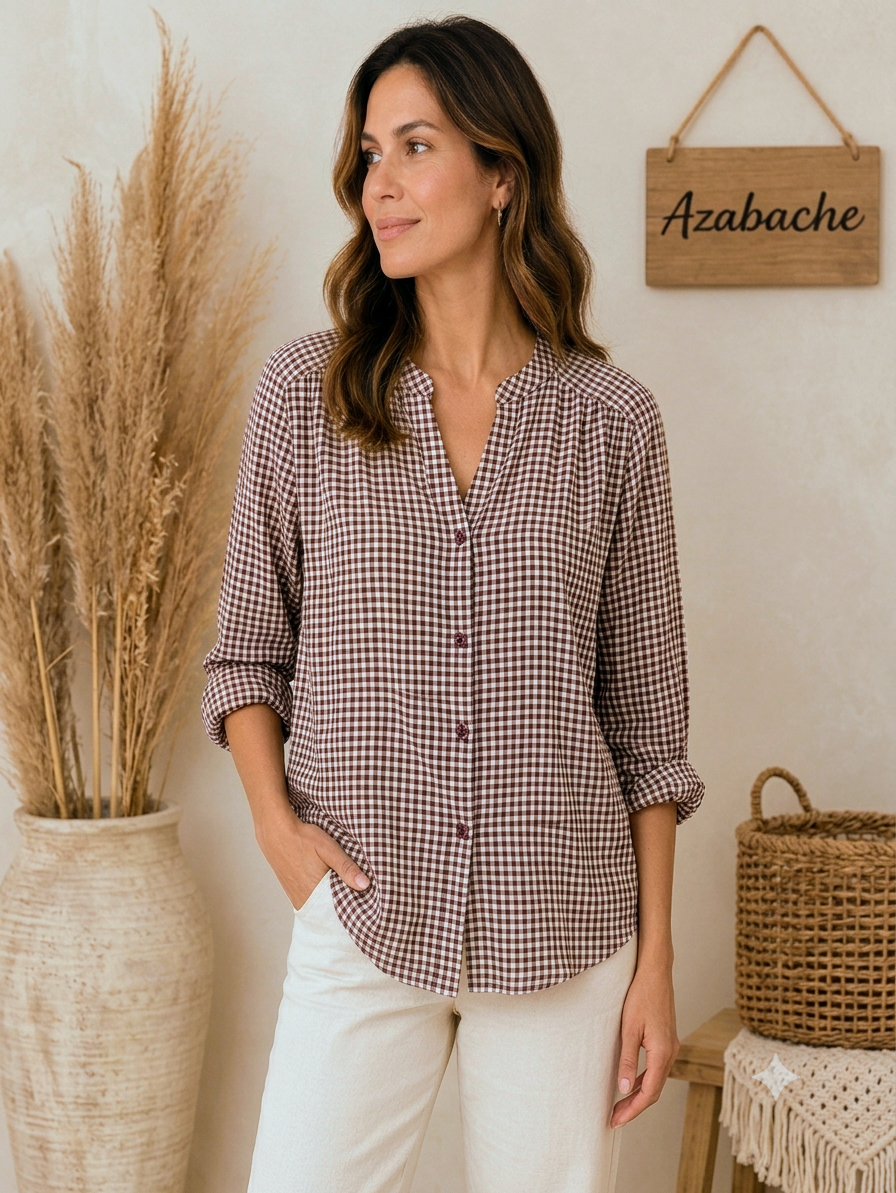 Camisa de Cuadros Vichy Beige , Marrón y Caldera
