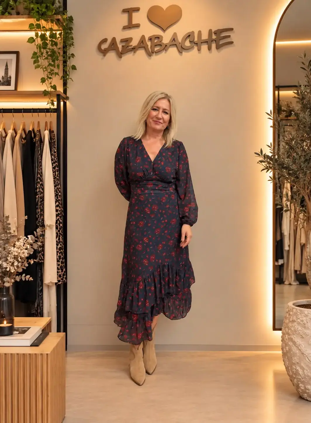 Vestido midi estampado con escote pico y volantes