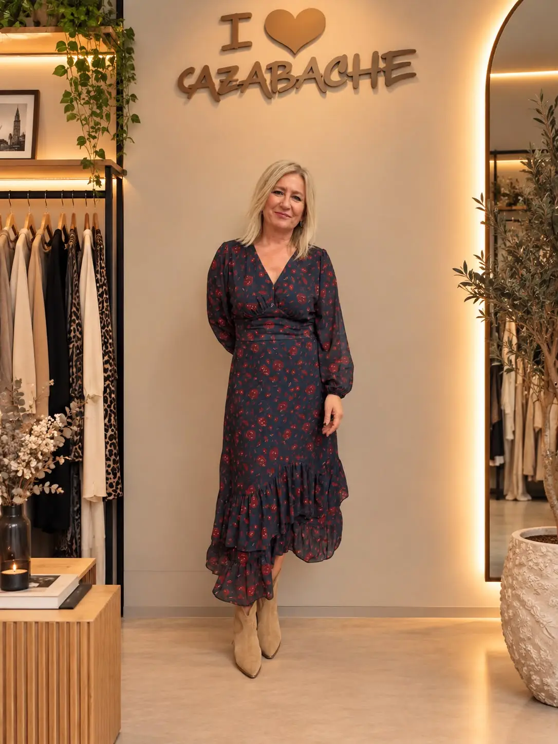 Vestido midi estampado con escote pico y volantes